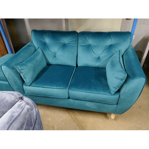 1424 - A turquoise Hoxton velvet three seater sofa, two seater sofa and footstool RRP £1797