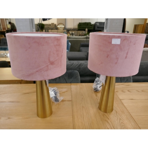 1489 - A pair of gold table lamps with pink shades