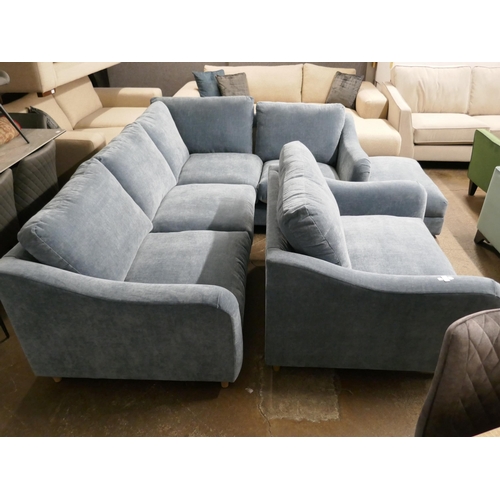 1397 - A Hattie Ansell aqua corner sofa, loveseat and storage footstool