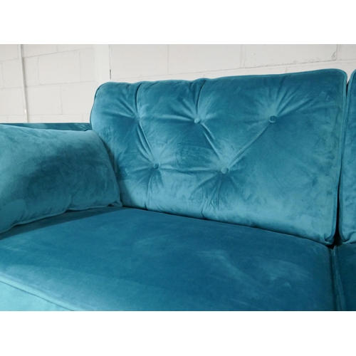 1424 - A turquoise Hoxton velvet three seater sofa, two seater sofa and footstool RRP £1797