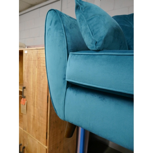 1424 - A turquoise Hoxton velvet three seater sofa, two seater sofa and footstool RRP £1797