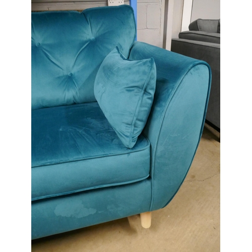 1424 - A turquoise Hoxton velvet three seater sofa, two seater sofa and footstool RRP £1797