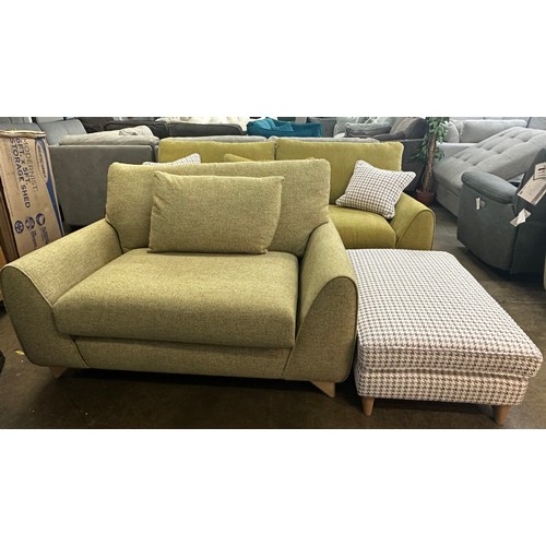 1480 - A Mina Flexi ochre three seater sofa with contrasting loveseat and footstool