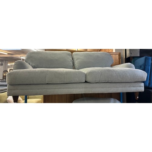 1490 - A pistachio velvet three seater sofa and love seat - damaged corner, marked