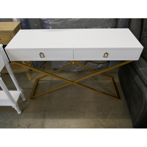 1582 - A white two drawer console table with gold legs - damaged