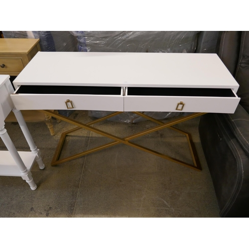 1582 - A white two drawer console table with gold legs - damaged