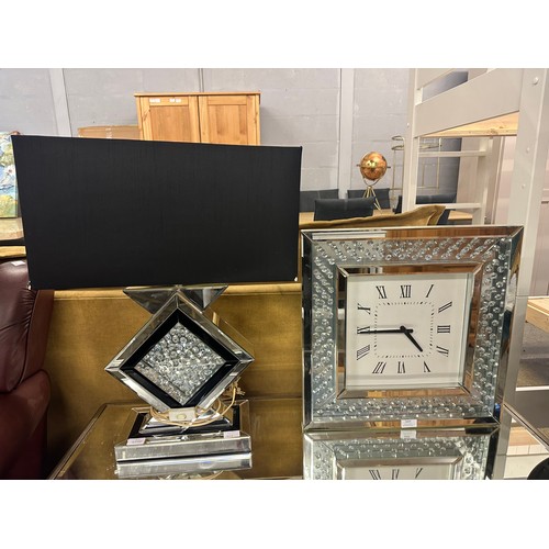 1604 - Mirrored jewel square wall clock and a mirrored table lamp with black table