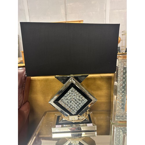 1604 - Mirrored jewel square wall clock and a mirrored table lamp with black table