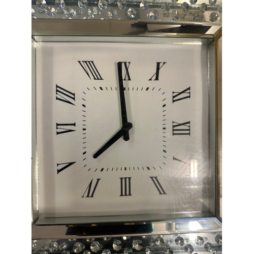 1604 - Mirrored jewel square wall clock and a mirrored table lamp with black table