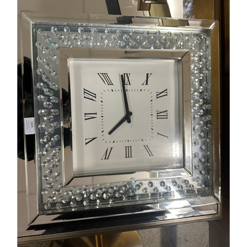 1604 - Mirrored jewel square wall clock and a mirrored table lamp with black table