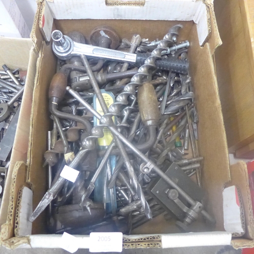 2005 - 2 Boxes of assorted tools including a Draper socket wrench, brace drill, metalworking tools and a la... 