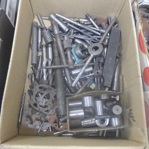 2005 - 2 Boxes of assorted tools including a Draper socket wrench, brace drill, metalworking tools and a la... 