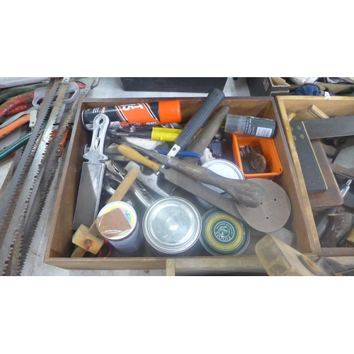 2021 - 3 Boxes of assorted woodworking tools including plane parts (including Stanley and Record), wooden b... 