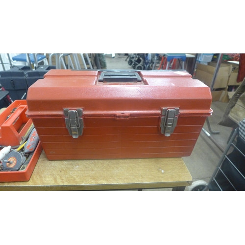 2025 - A red plastic toolbox and tools including drill bits, drop forged steel monkey wrench, spanners, han... 