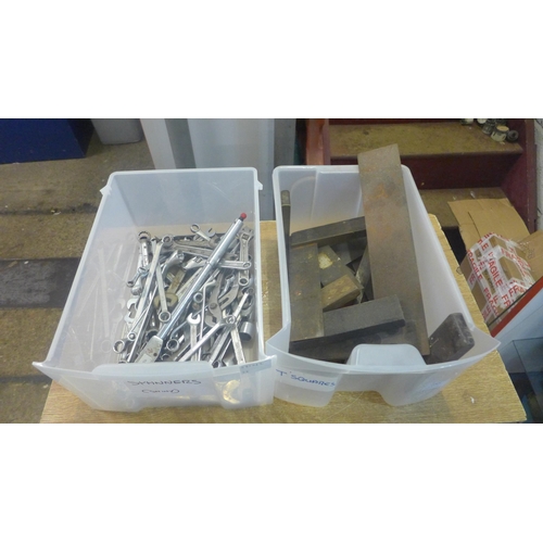 2065 - A quantity of steel set squares and open ended and ring spanners