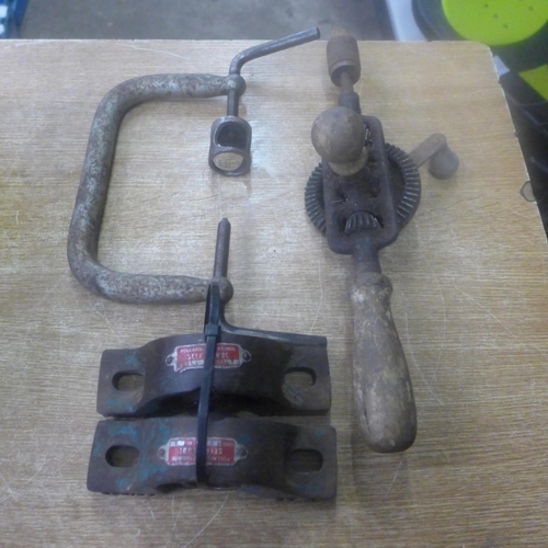 2074 - A box of assorted tools and other items including a Fleetway hand drill, Pollard SL3 Series bearings... 