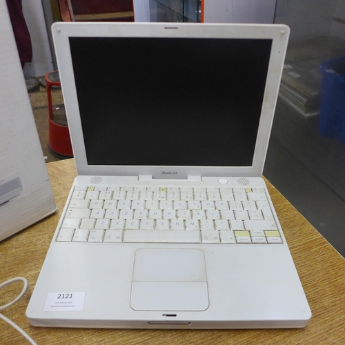 2121 - An Apple i Book G4 laptop with power cable and original box