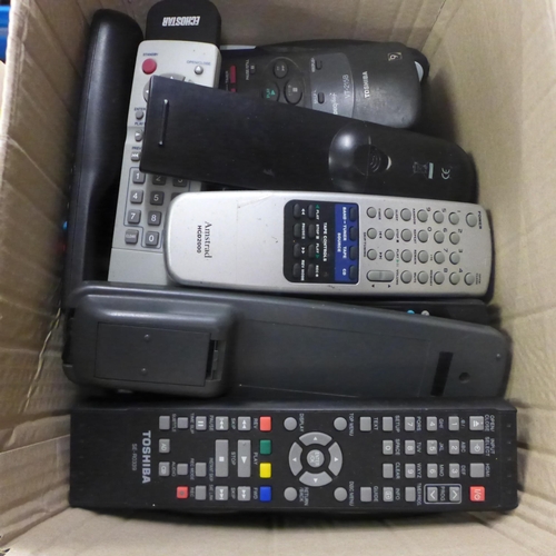 2128 - A box of approximately 60 various remote controls, 8 cameras including Chinon, Samsung, Praktica, Mi... 