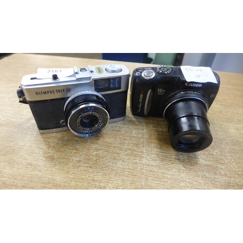 2163 - 2 Digital cameras; a Canon Powershoot SX120 and an Olympus Trip 35