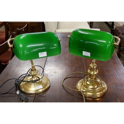 413 - A pair of brass banker's lamps with green glass shades