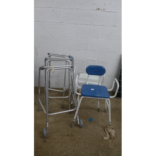 2297 - Three aluminium walking frames and 2 adjustable stools