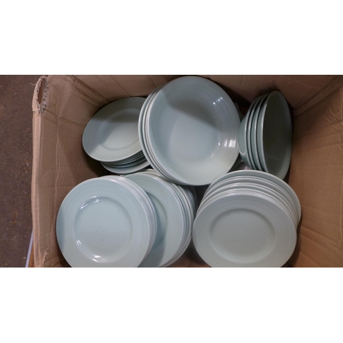 2389 - Four boxes of various household items and dinnerware including Wood’s Ware Beryl, Kiln Craft Bacchus... 