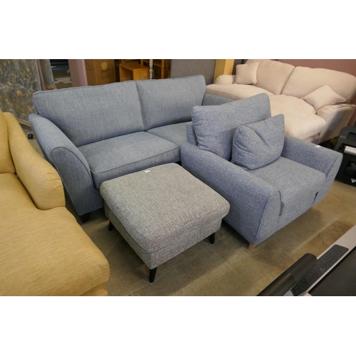 1465 - A Mina Chanel indigo chair and contrasting mina blue three seater sofa and footstool