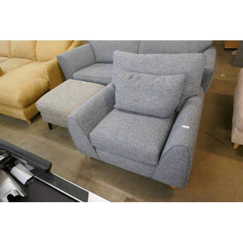 1465 - A Mina Chanel indigo chair and contrasting mina blue three seater sofa and footstool