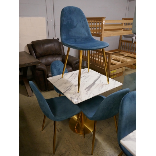 1515 - A square marble effect dining table and four turquoise velvet chairs