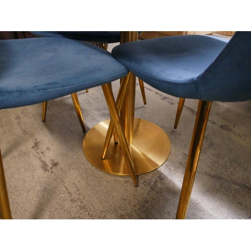 1515 - A square marble effect dining table and four turquoise velvet chairs