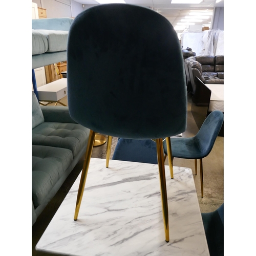 1515 - A square marble effect dining table and four turquoise velvet chairs