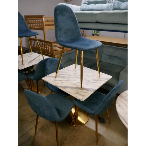 1516 - A square marble effect dining table and four turquoise velvet chairs