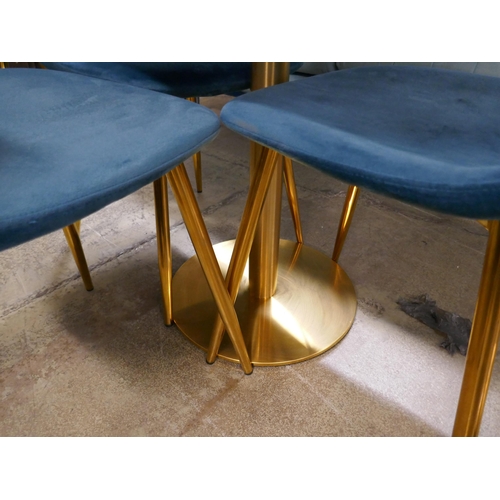 1516 - A square marble effect dining table and four turquoise velvet chairs