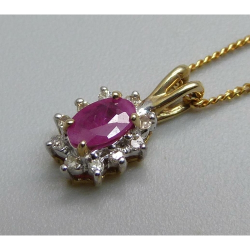 1008 - A 9ct gold, diamond and ruby pendant on a 9ct gold chain, 1.6g, chain 43cm