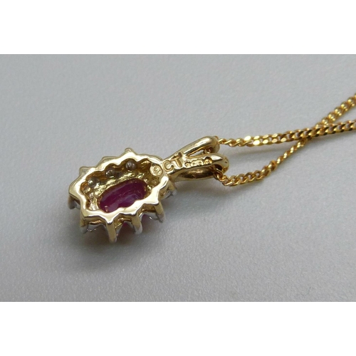 1008 - A 9ct gold, diamond and ruby pendant on a 9ct gold chain, 1.6g, chain 43cm