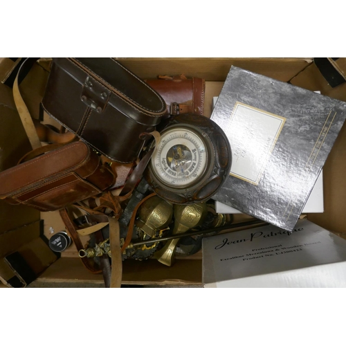 1075 - Two pairs of binoculars, an Ensign camera, a barometer, metalware, etc. **PLEASE NOTE THIS LOT IS NO... 