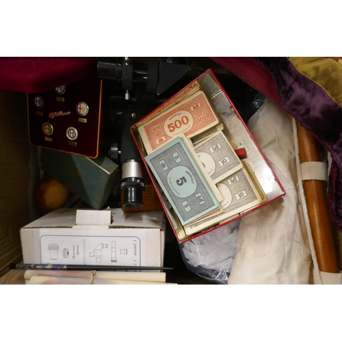 1079 - A 1930s Monopoly game, lacking box, an astronomical telescope, an arrow head and a spear head, comme... 