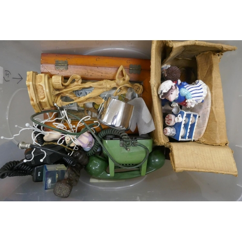 1080 - Two boxes of assorted items including a GPO green  telephone, a brass pestle and mortar, Regency Fin... 