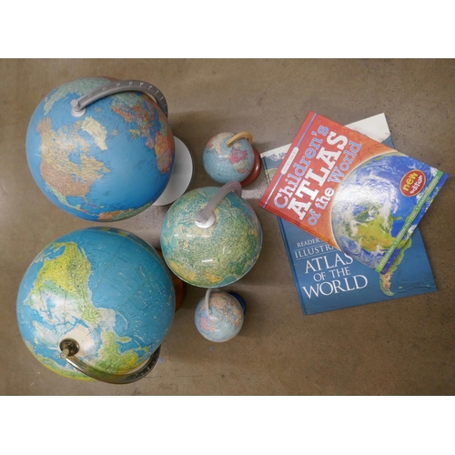 1082 - Five globes, various sizes and two atlases