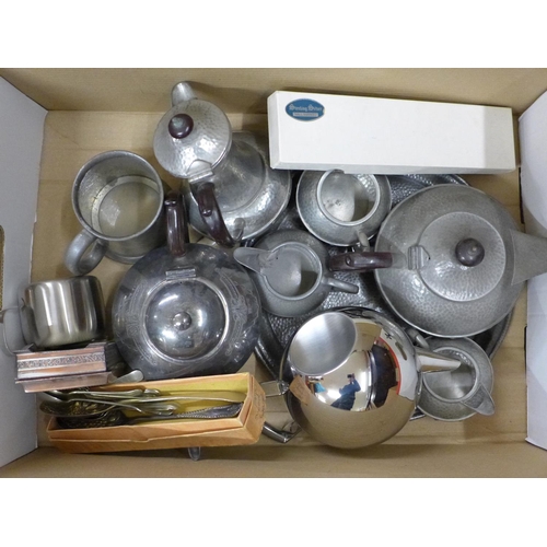 1085 - Two boxes of metalware including hammered pewter teaware, later Old Hall stainless steel and serving... 