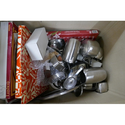 1085 - Two boxes of metalware including hammered pewter teaware, later Old Hall stainless steel and serving... 