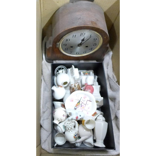 1086 - A box of crested china, Wade Whimsies and a mantel clock, a/f **PLEASE NOTE THIS LOT IS NOT ELIGIBLE... 