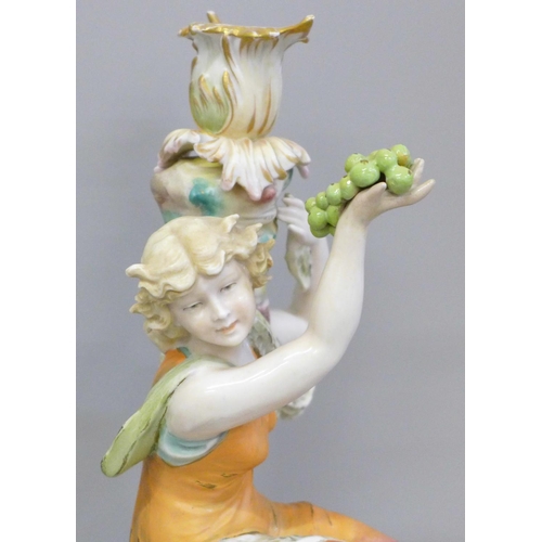 607 - A continental porcelain figural candlestick modelled as a girl seated on a tree stump holding up a b... 