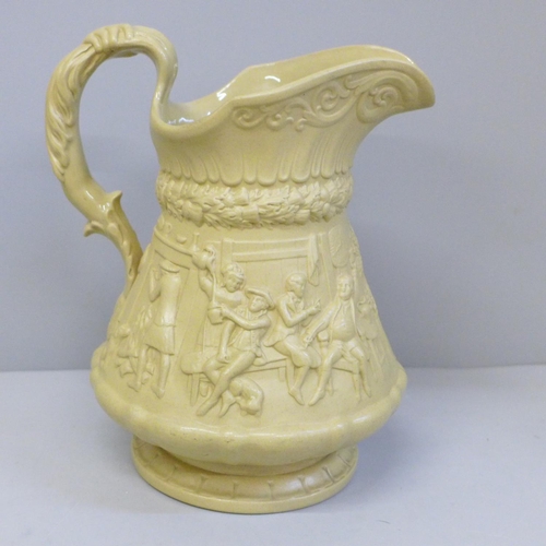 622 - A Ridgway buff embossed jug decorated with Tavern scene and Highwayman scene