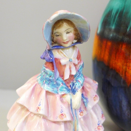 627 - Two Royal Doulton figures, Cherie and Hazel, Hazel a/f, and a Poole Pottery Gemstones small purse va... 