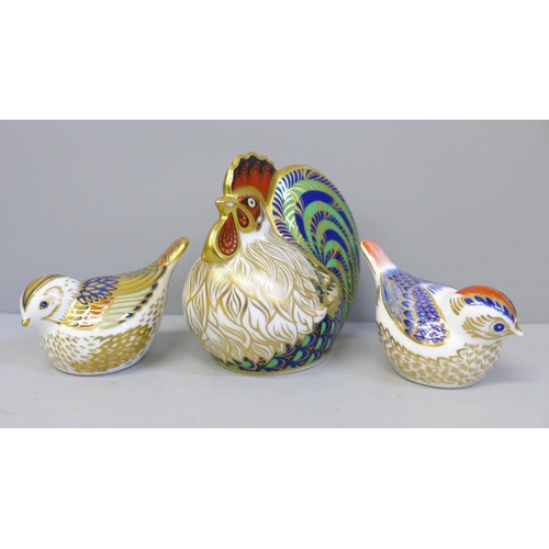 630 - Three Royal Crown Derby paperweights, Farmyard Cockerel, Firecrest and Goldcrest, all boxed