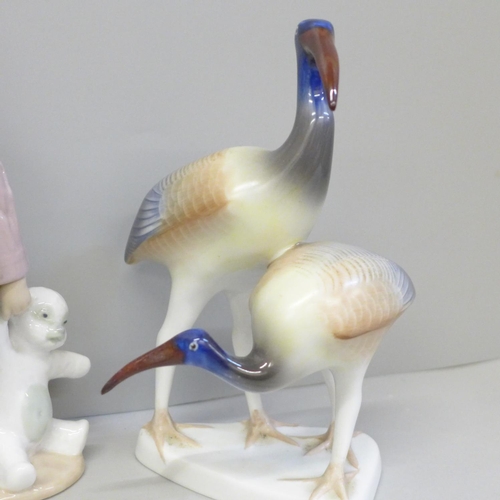 637 - Two Nao figures, Sleepy Head and Elephant and a Hollohaza Hungary figure of two Ibis