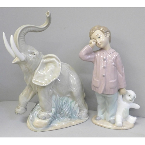 637 - Two Nao figures, Sleepy Head and Elephant and a Hollohaza Hungary figure of two Ibis