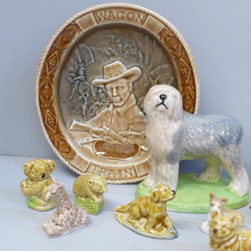 639 - A large Wade Old English Sheepdog, Championship Series, a Wade dish and a tin of Whimsies