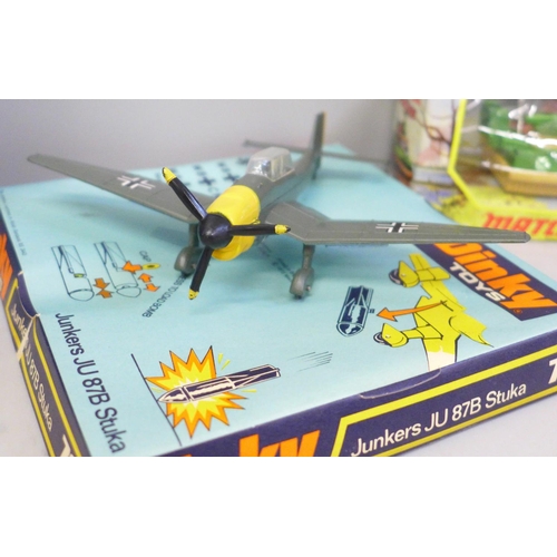 648 - A Dinky Toys Junkers JU87B Stuka 72 in original packaging, made by Meccano, a Matchbox Battlekings K... 